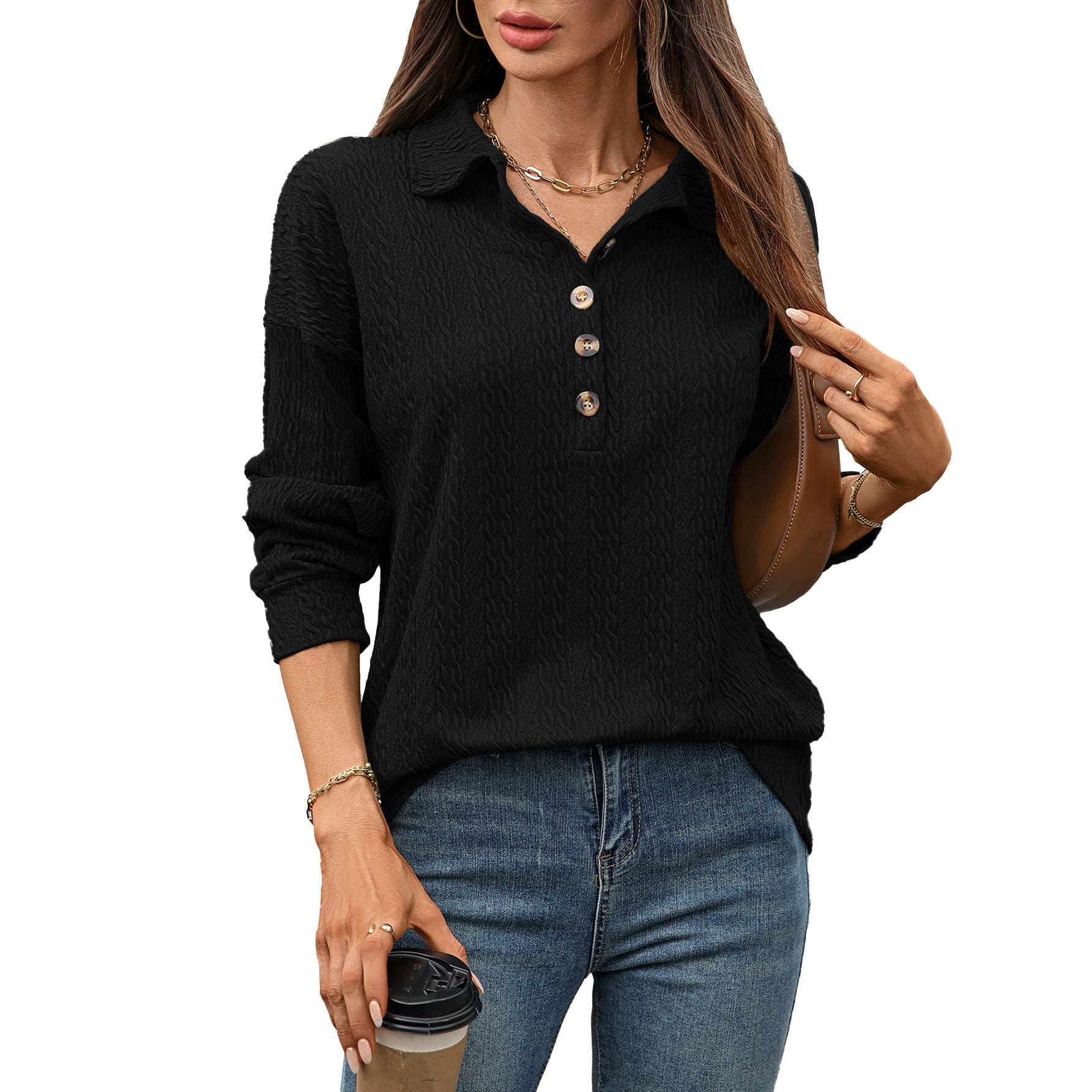 Women's Boutique Textured Button Collar Long Sleeve Knit Top