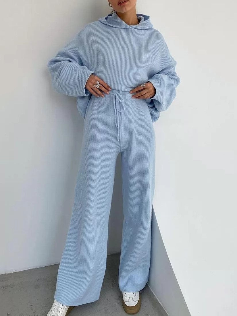 Minimalist Blue Knit Hoodie and Wide Leg Pants Two Piece Set
