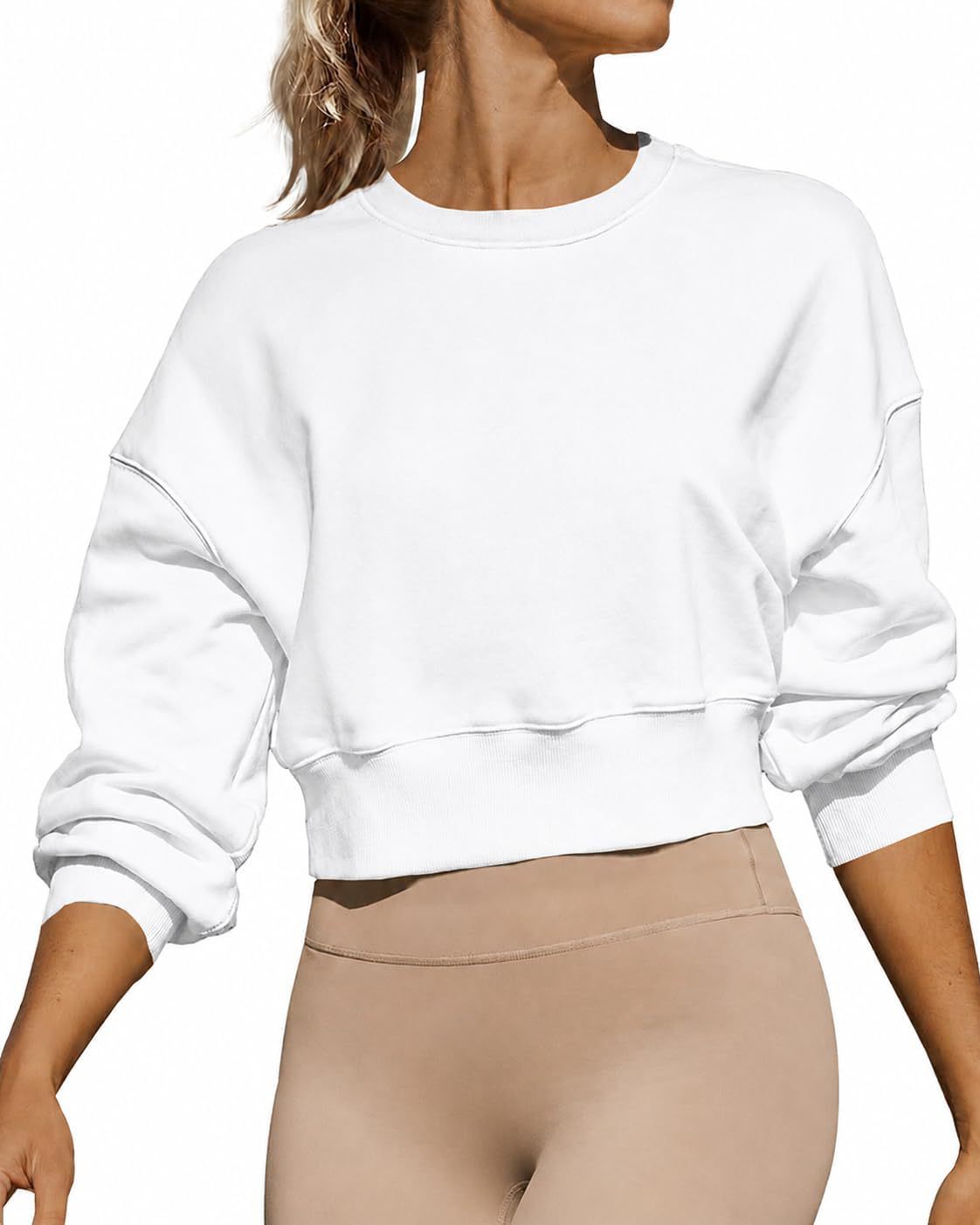 Women's Cropped Crew Neck Sweatshirt, Relaxed Long Sleeve Pullover Top