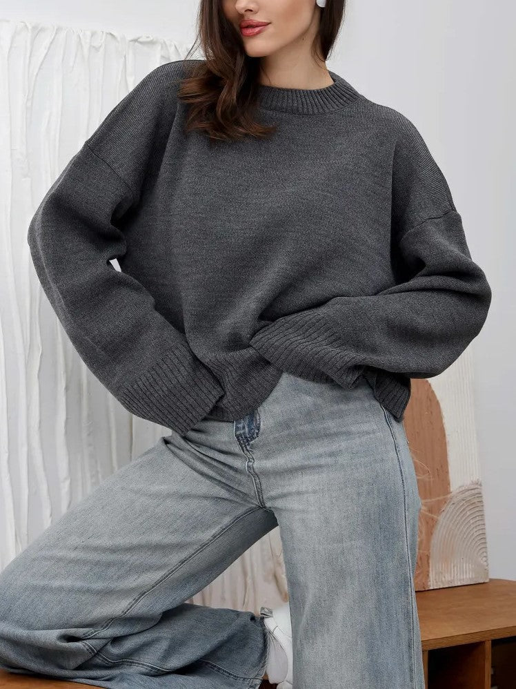 Women’s Oversized Crew Neck Sweater – Solid Long Sleeve Knit Pullover Tops