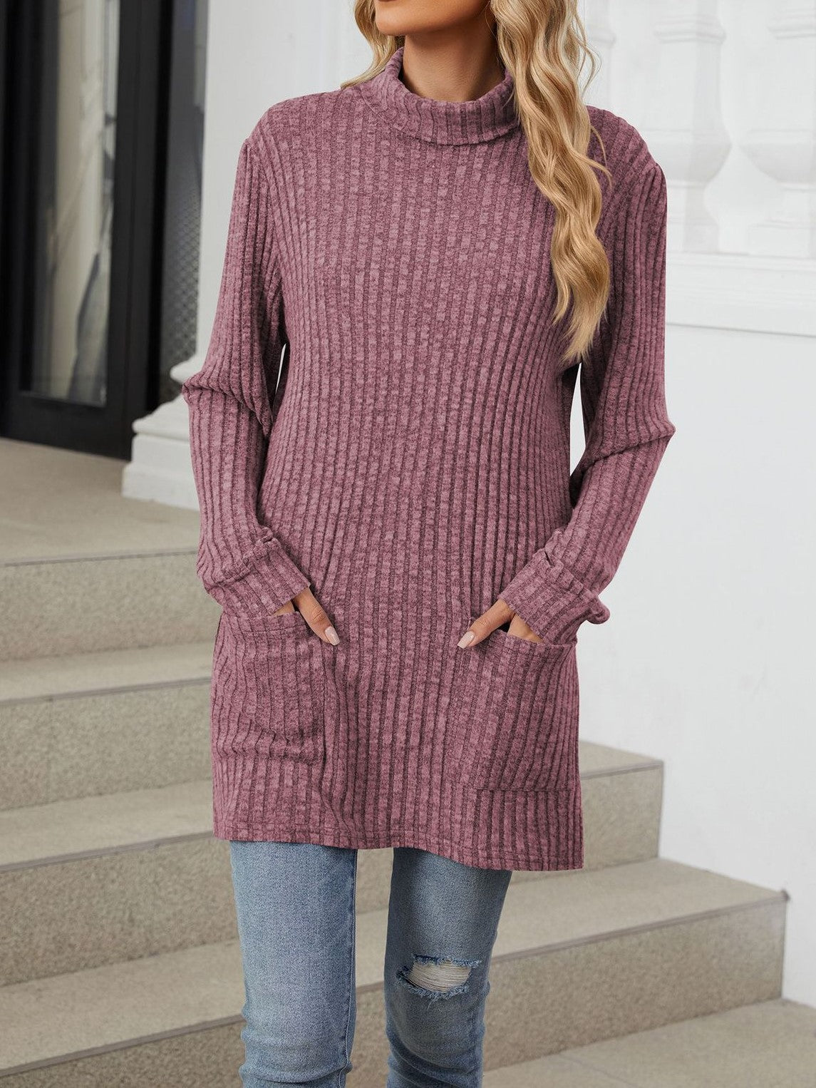 Minimalist Ribbed Mock Neck Pocket Tunic