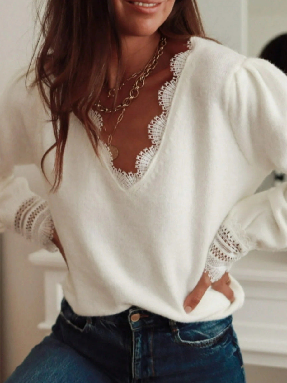 Boutique Lace Trim V Neck Long Sleeve Sweater