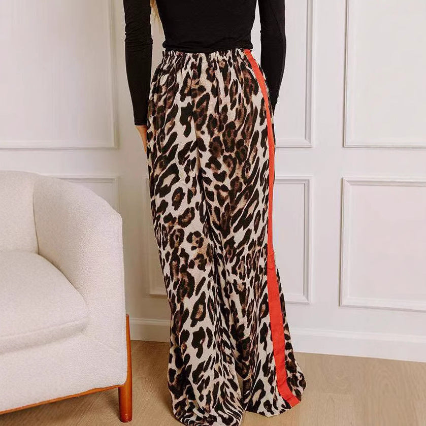 Leopard Print Spliced Loose Wide-Leg Trousers