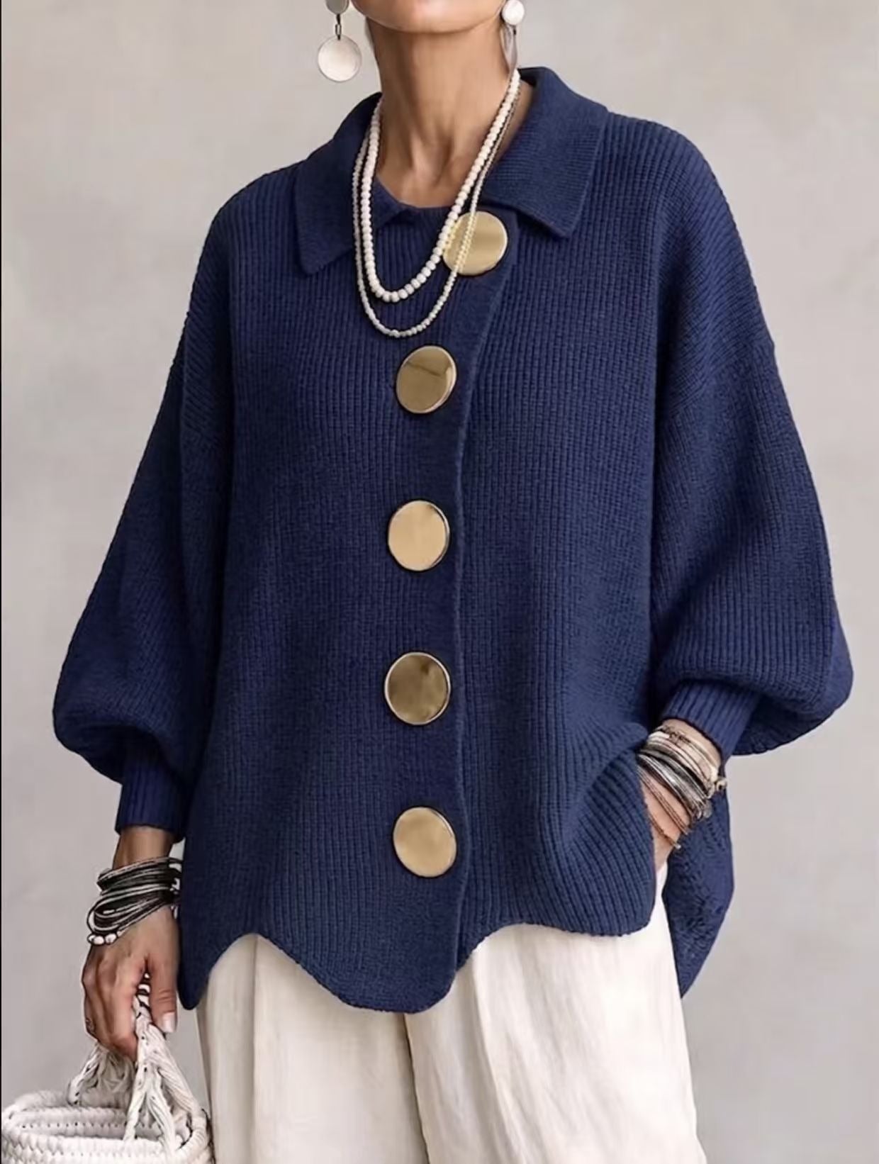Elevated Gold Button Collared Knit Cardigan