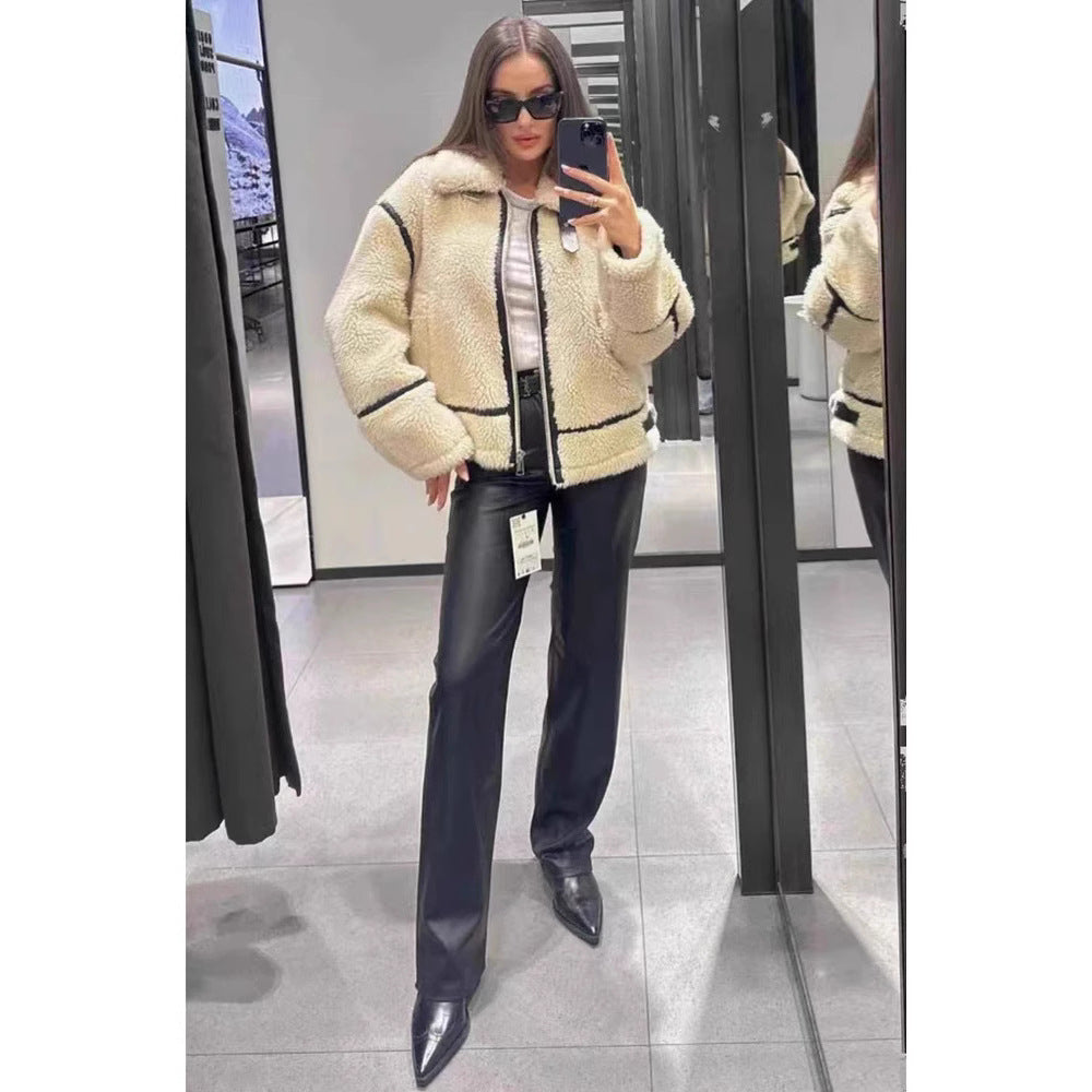 Women's Contrast Trim Teddy Fleece Zip-Front Aviator Jacket