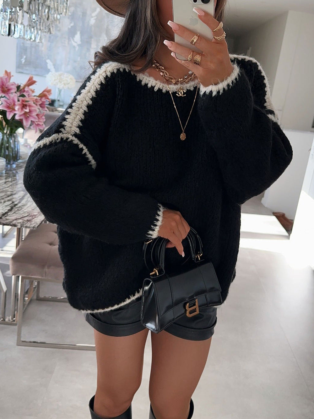 Boutique Contrast Stitch Crew Neck Oversized Knit Sweater