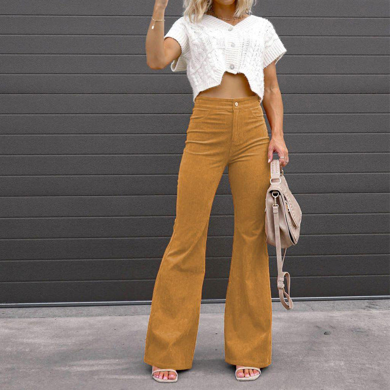 Solid Color Slim Mid-Waist Corduroy Flare Pants