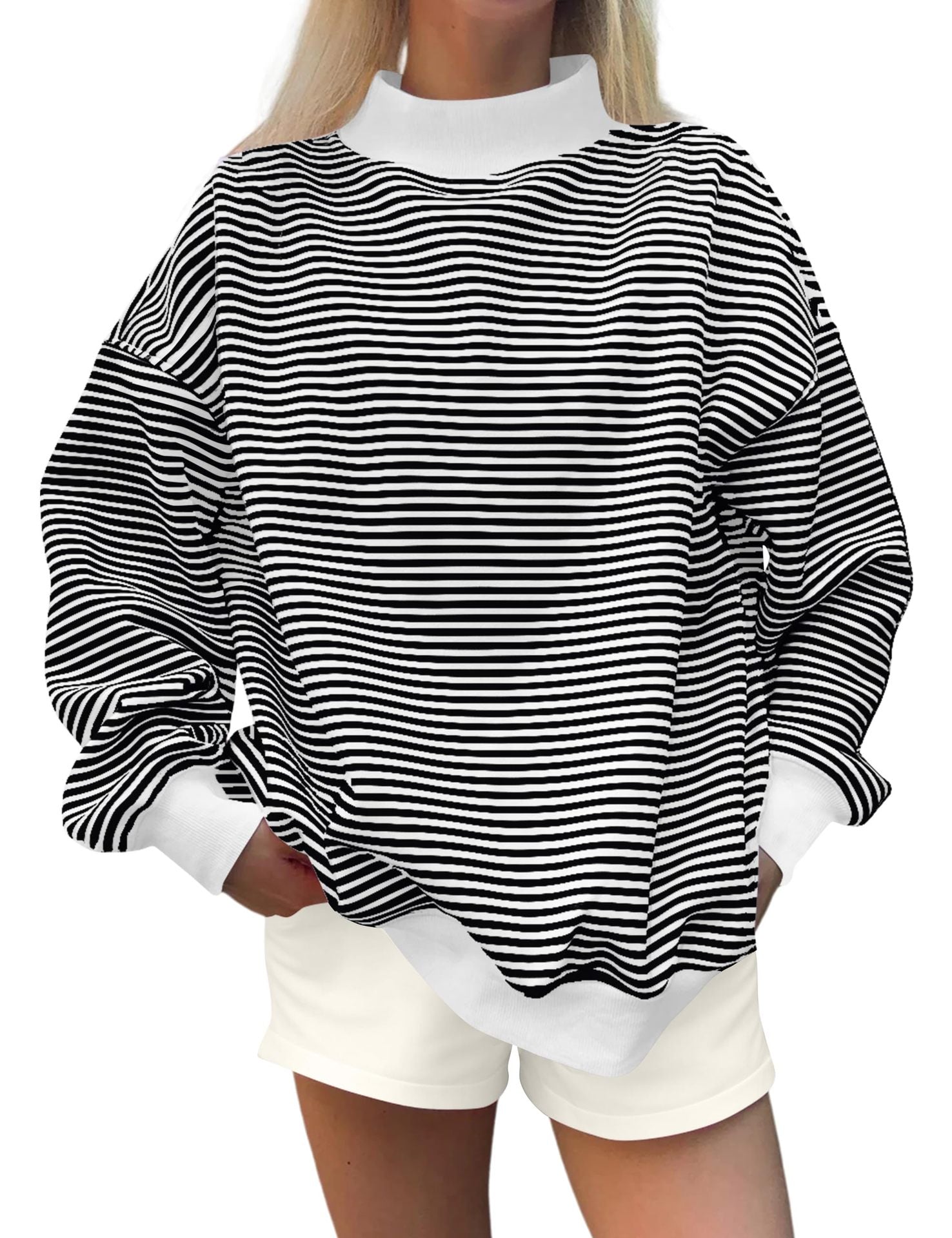 Women’s Striped Mock Neck Sweatshirt – Oversized Long Sleeve Pullover Tops for Women