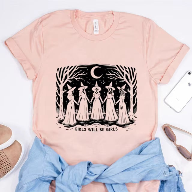 Women’s Cotton Graphic T-Shirt – Casual Short Sleeve Witch Print Tee