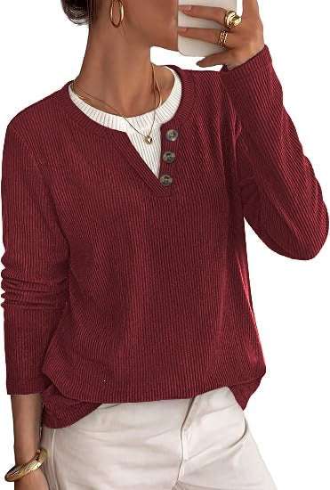 Women's Boutique Ribbed Henley Top with Contrast Neck Insert