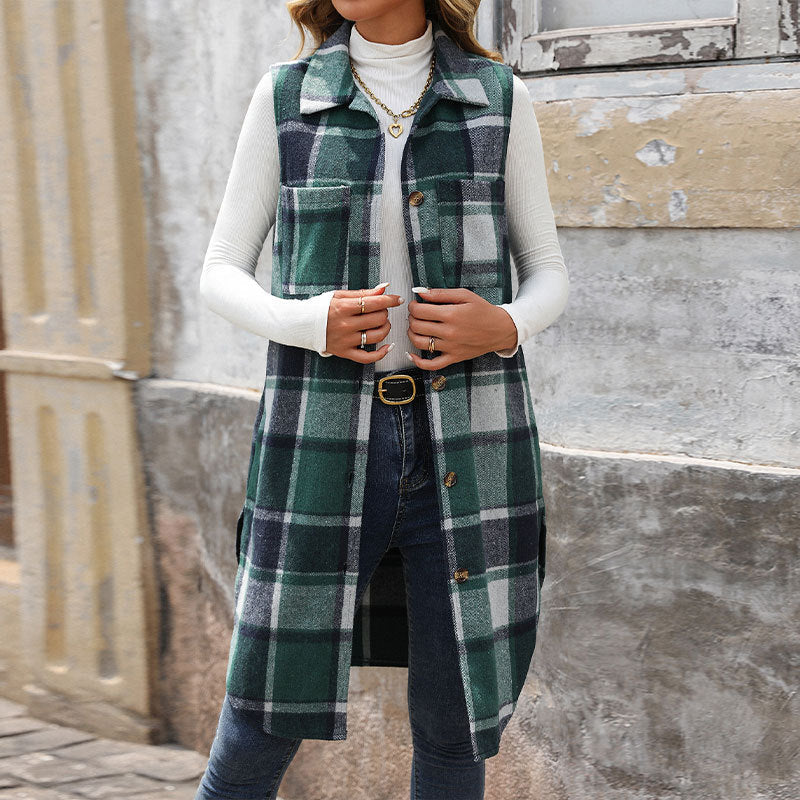 Women’s Vintage Plaid Lapel Long Vest