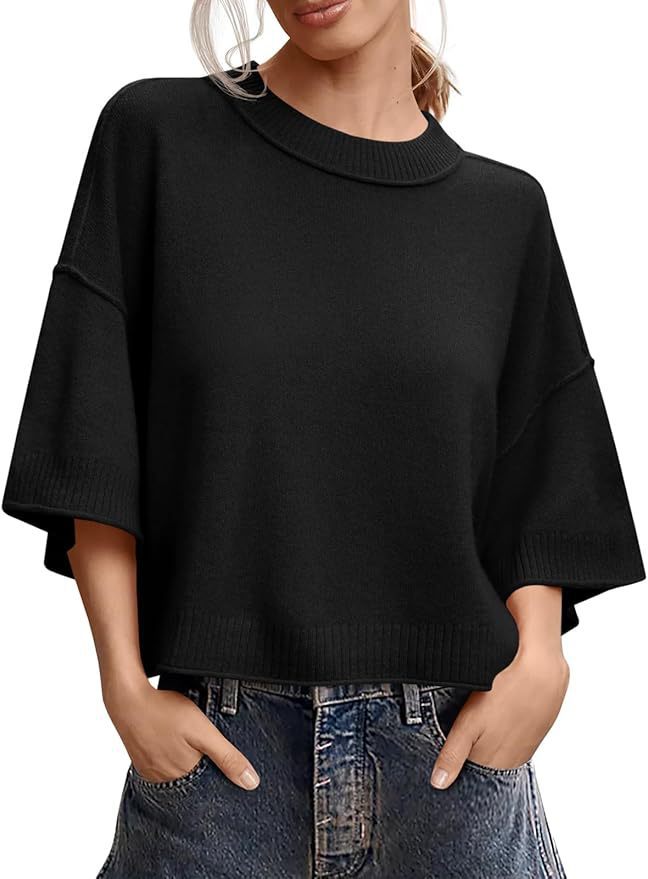 Women's Cropped Knit Sweater, Relaxed Crewneck Pullover with Wide Sleeves in Khaki, Black, Gray and White