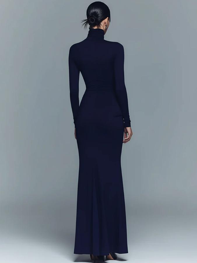 Ruched Turtleneck Long Sleeve Slim Fit Maxi Dress for Ladies