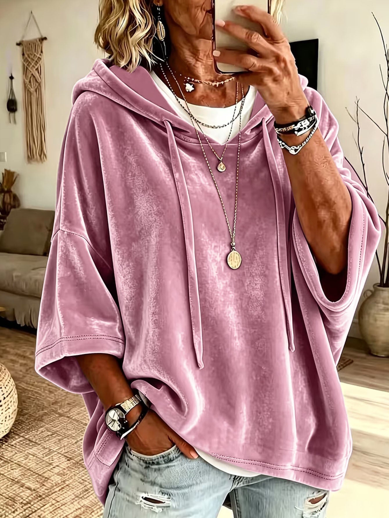 Women’s Velvet Oversized Batwing Sleeve Hoodie
