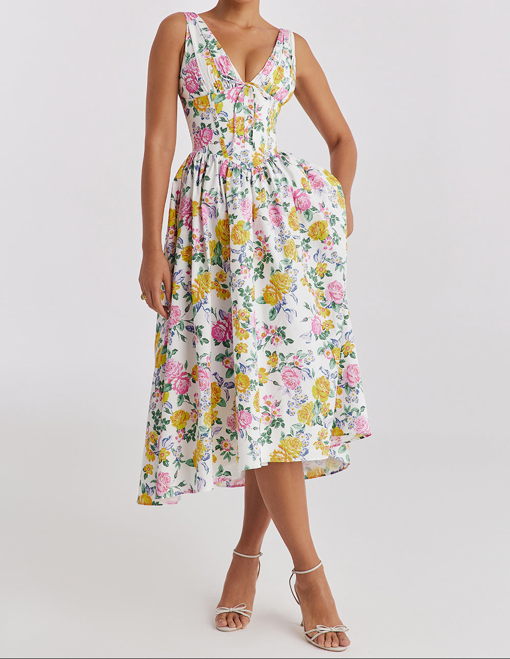 Printed V Neck Spaghetti Strap Maxi Dress