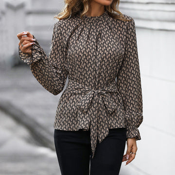Lace-Up Long Sleeve Slim Leopard Print Shirt