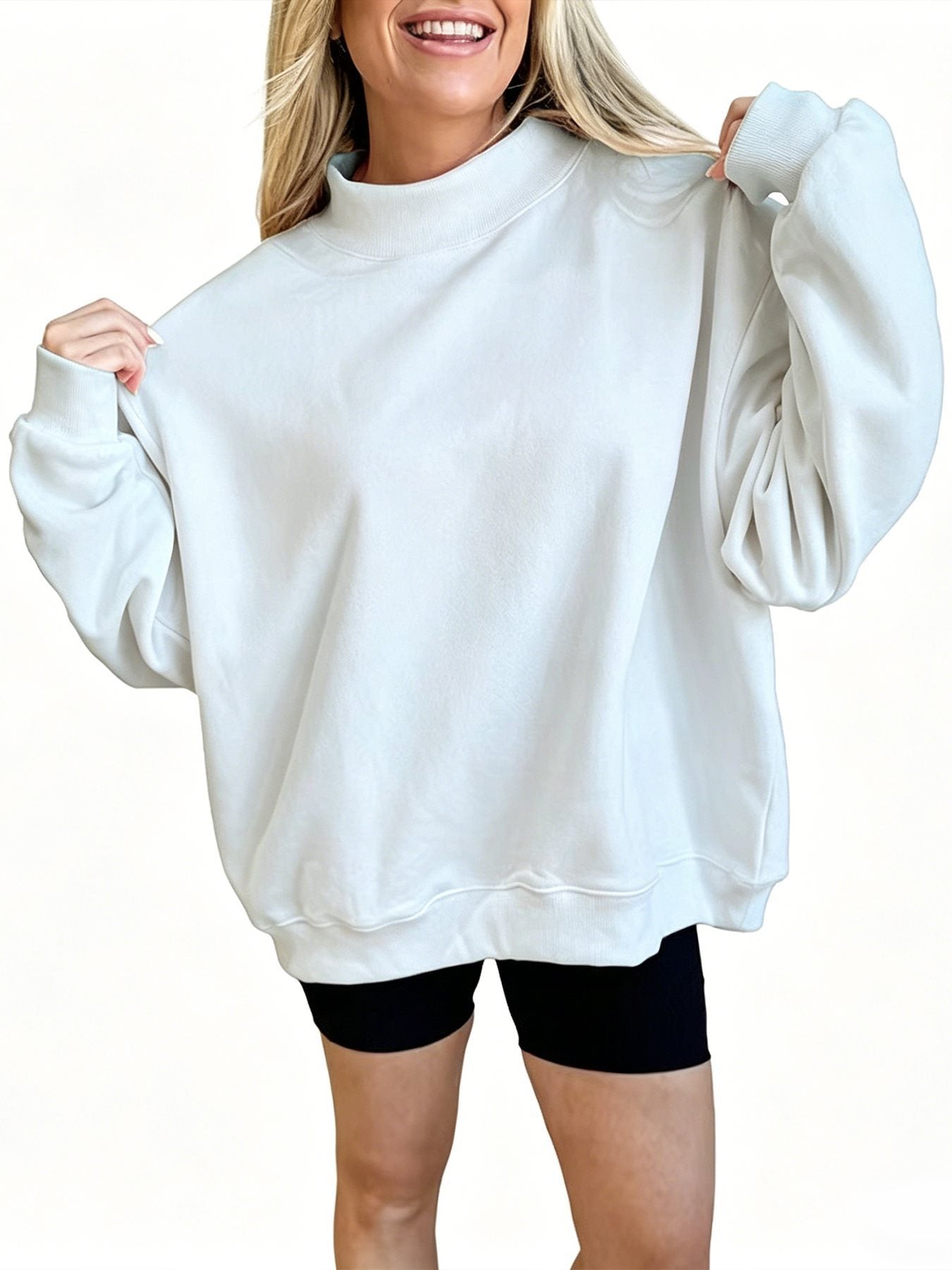 Women’s Oversized Mock Neck Sweatshirt – Poly-Cotton Long Sleeve Pullover Tops