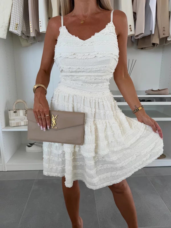 Solid Ruffle Lace Spaghetti Strap Dress
