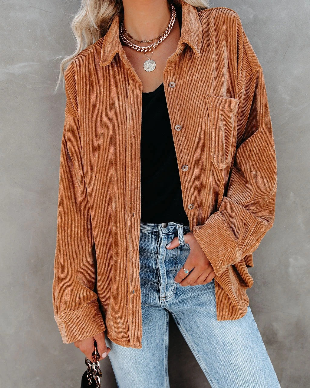 Boutique Corduroy Button Front Pocket Shirt