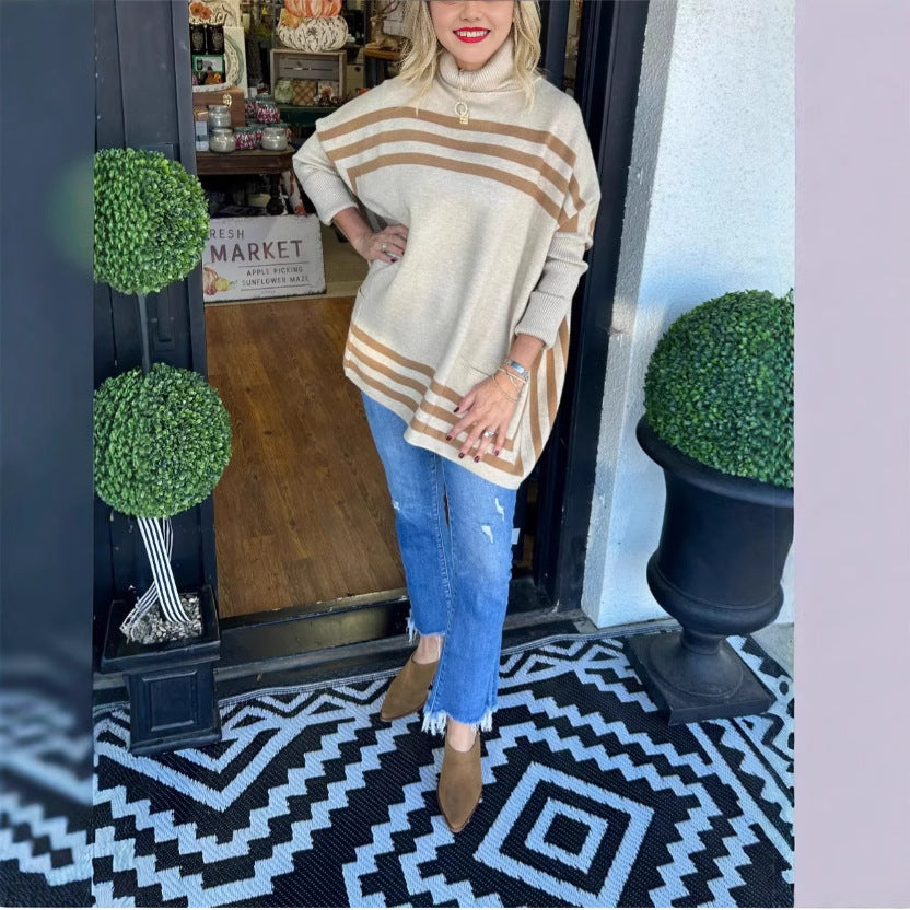 Women's Oversized Striped Turtleneck Sweater, Long Sleeve Knit Pullover