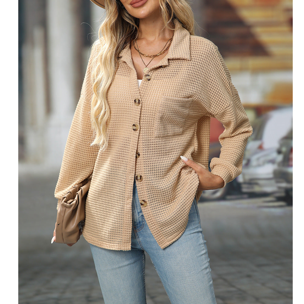 Boutique Waffle Knit Collared Button Front Shirt