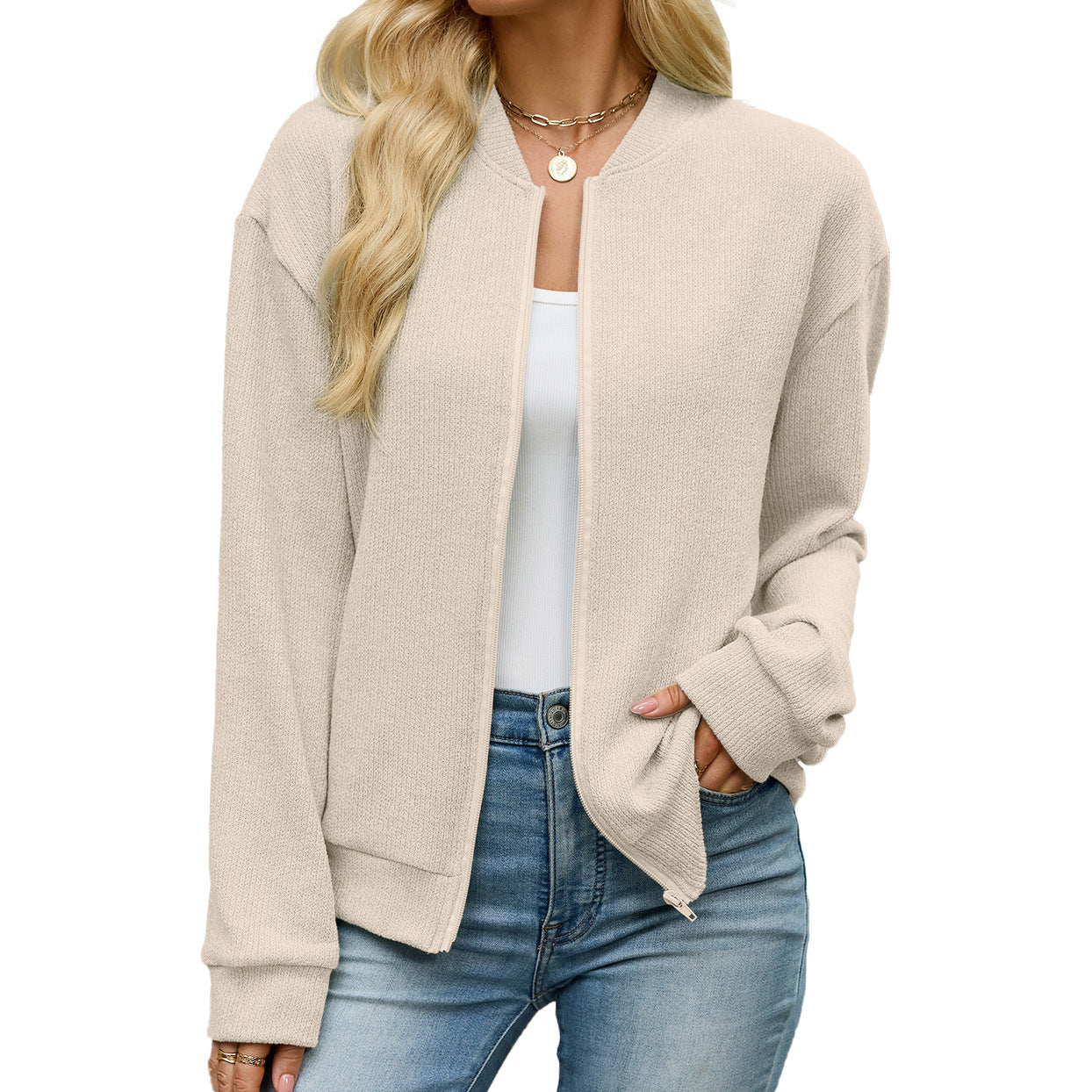 Women's Minimalist Zip Front Knit Bomber Jacket