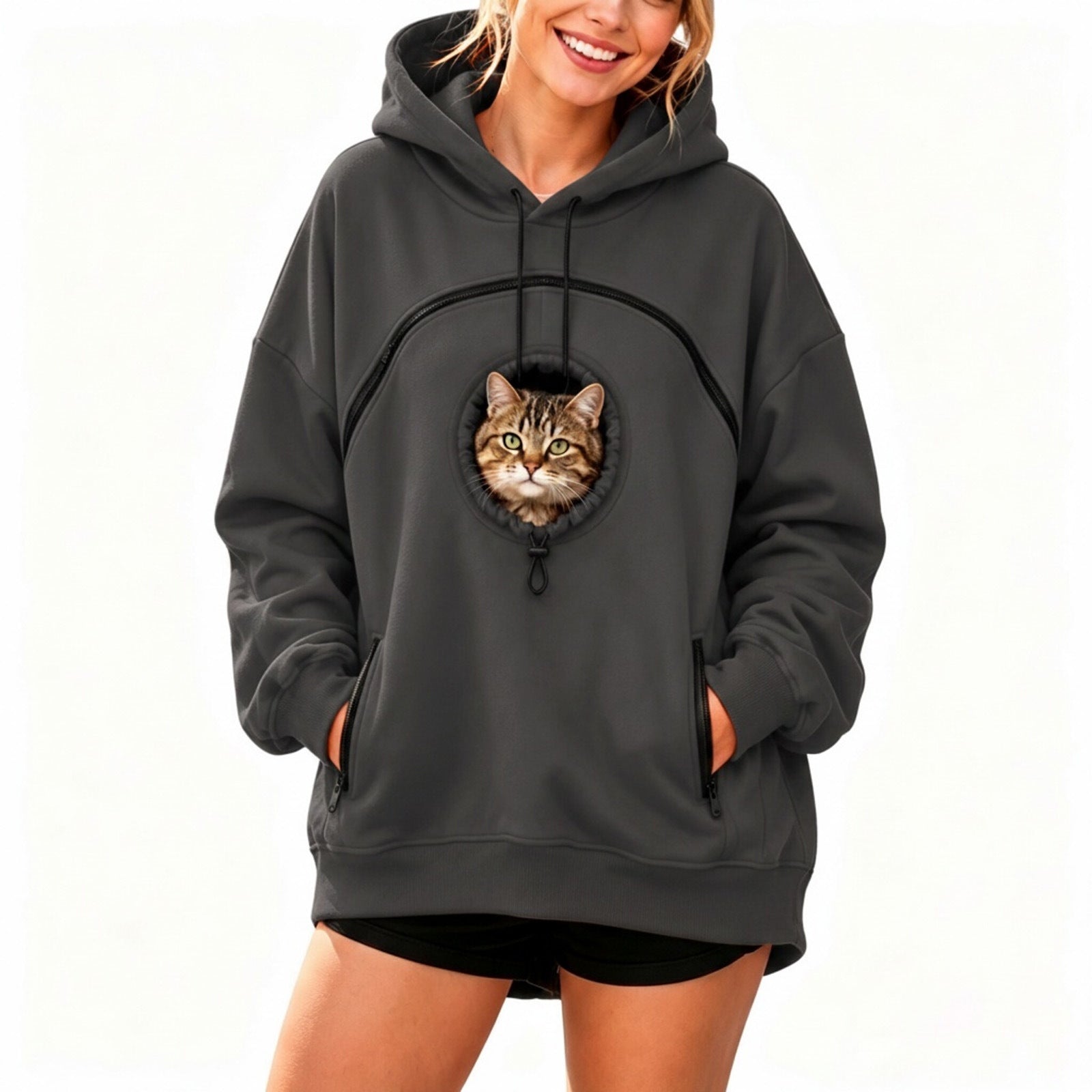 Oversized Pet Pouch Hoodie with Zip Details