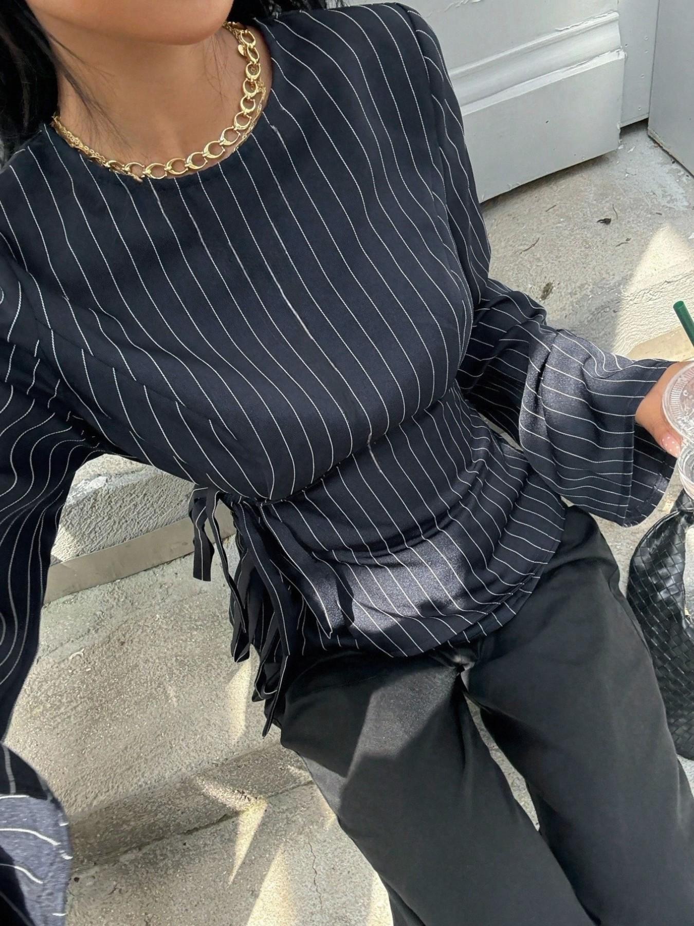 Elevated Pinstripe Tie Waist Long Sleeve Blouse
