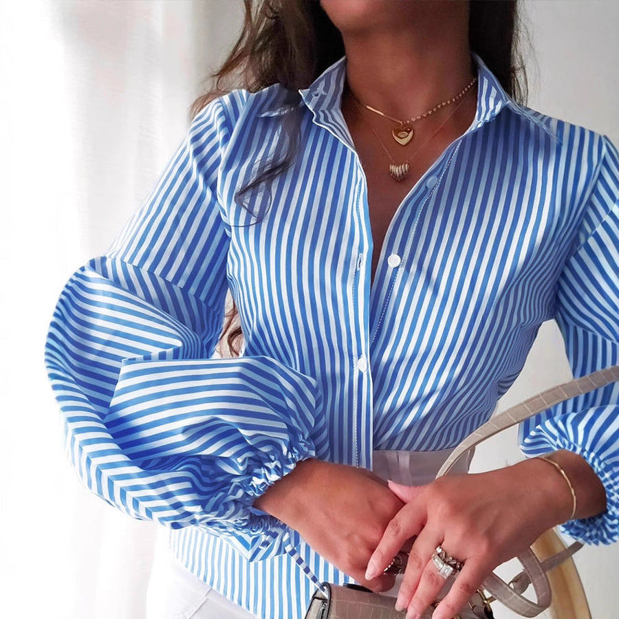 Light Blue Striped Lantern Sleeve Slim Shirt