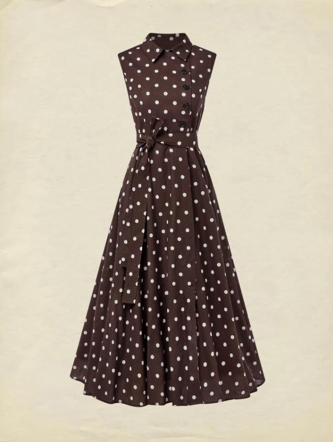 Polka Dot Sleeveless Shirt Dress with Flared Midi Silhouette