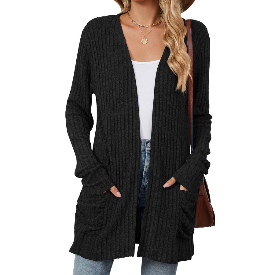 Solid Color Pocket Long-Sleeve Knitted Cardigan