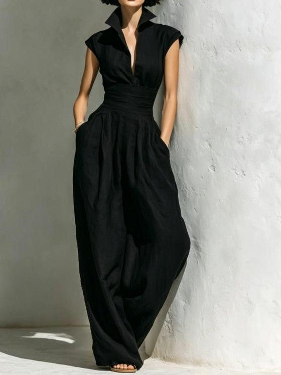 Collared Wide Leg Jumpsuit with Folded Waist and Cap Sleeves