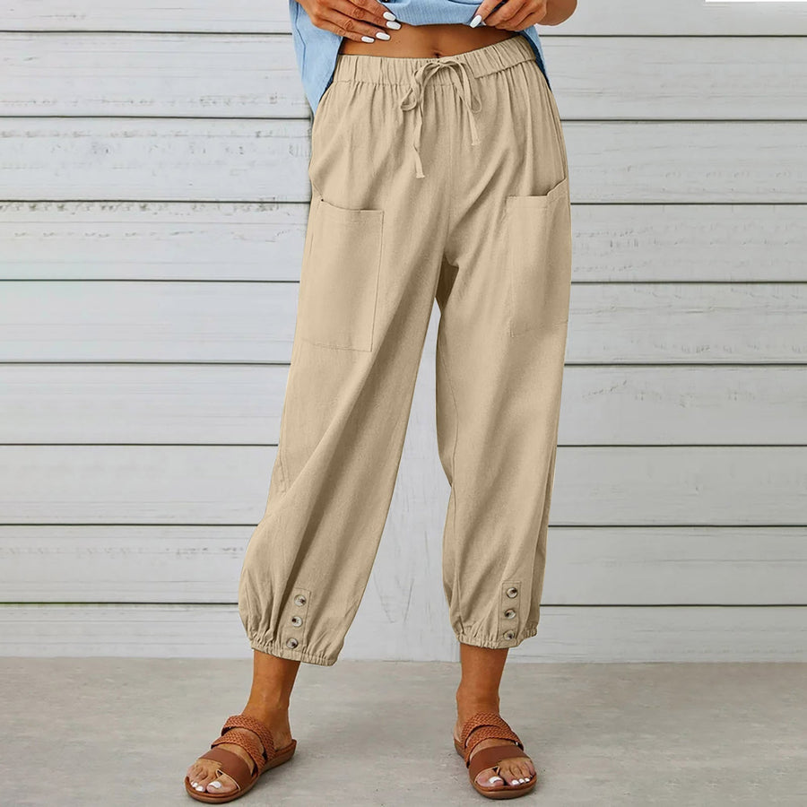 Loose High-Waist Buttoned Cotton Linen Wide-Leg Pants