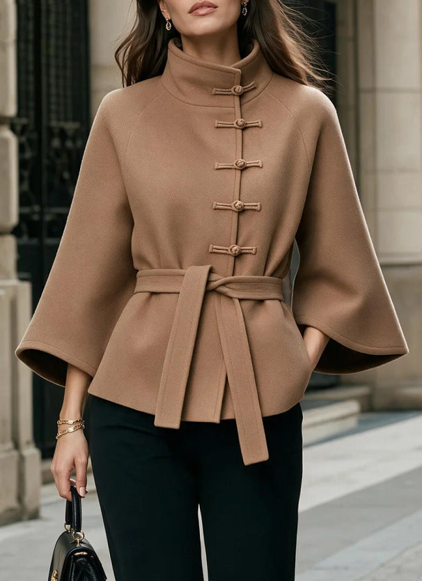Women's Belted Stand Collar Cape Jacket with Frog Buttons