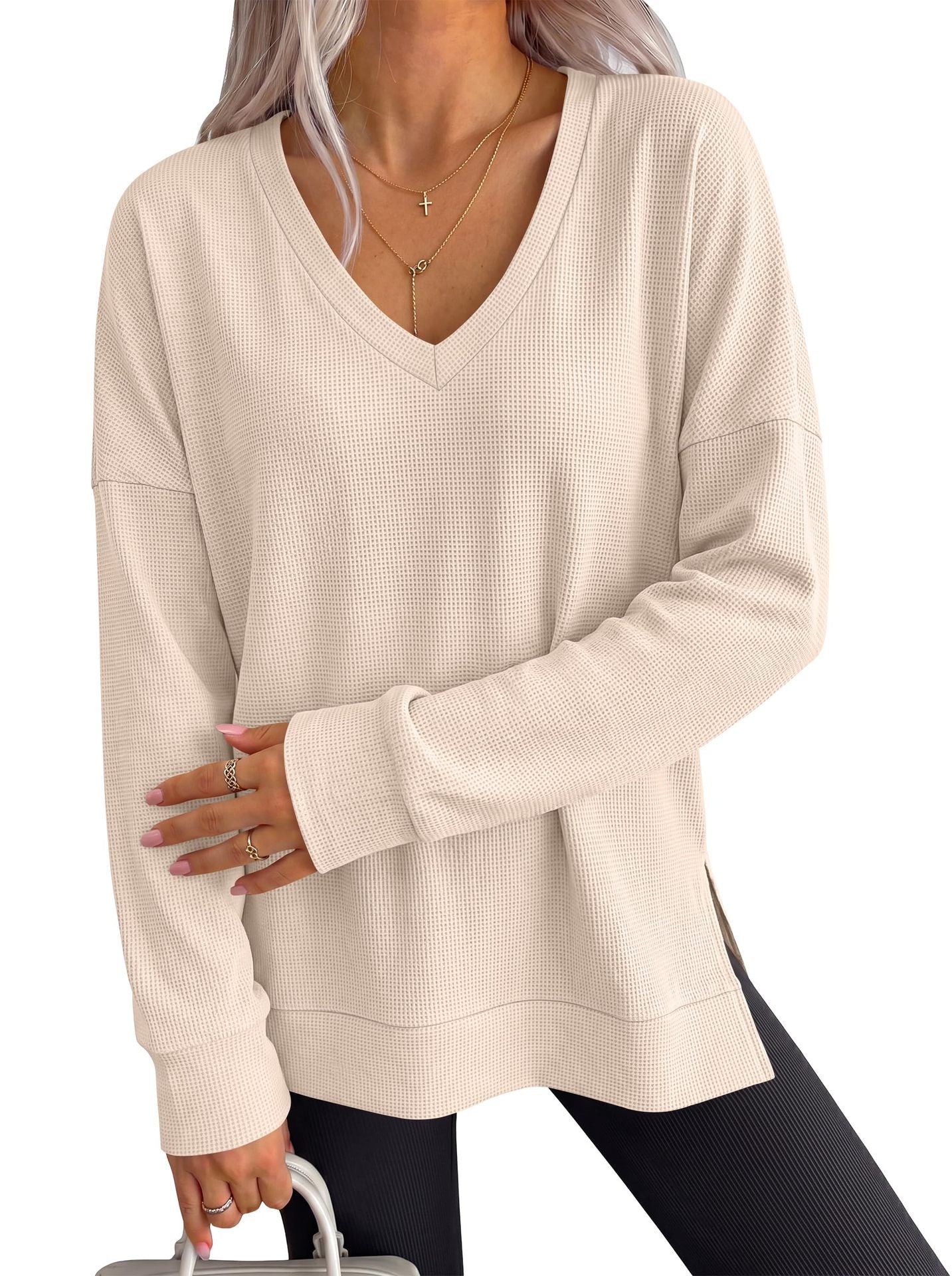 Women's V Neck Waffle Knit Long Sleeve Side Slit Tunic Top