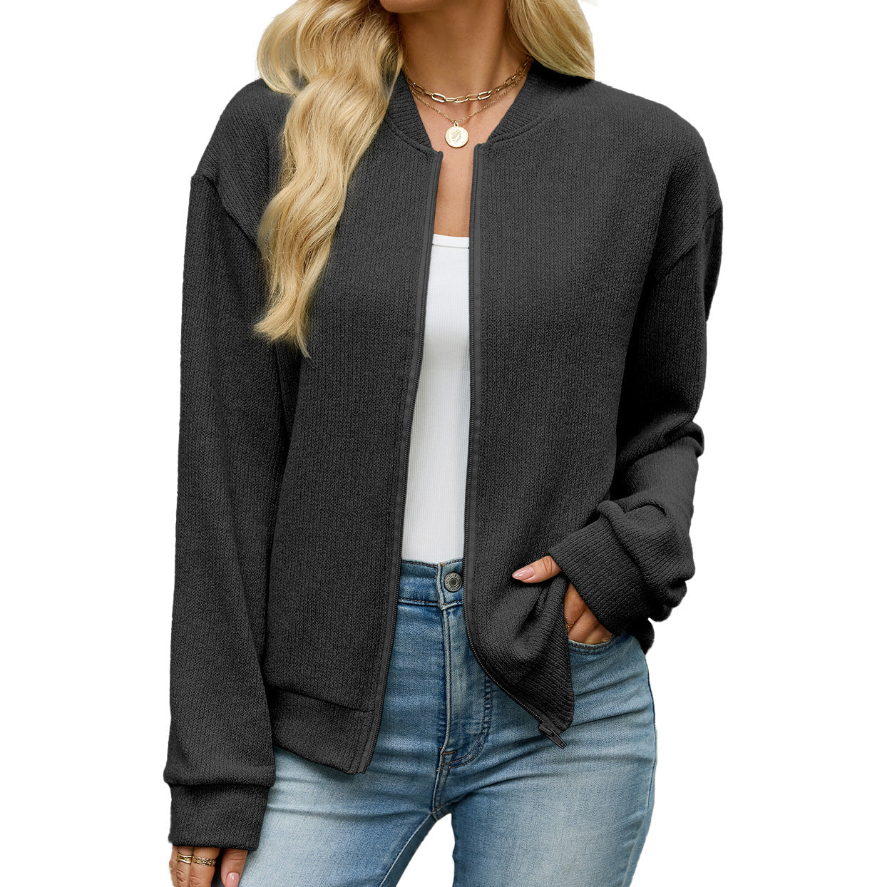 Women's Minimalist Zip Front Knit Bomber Jacket