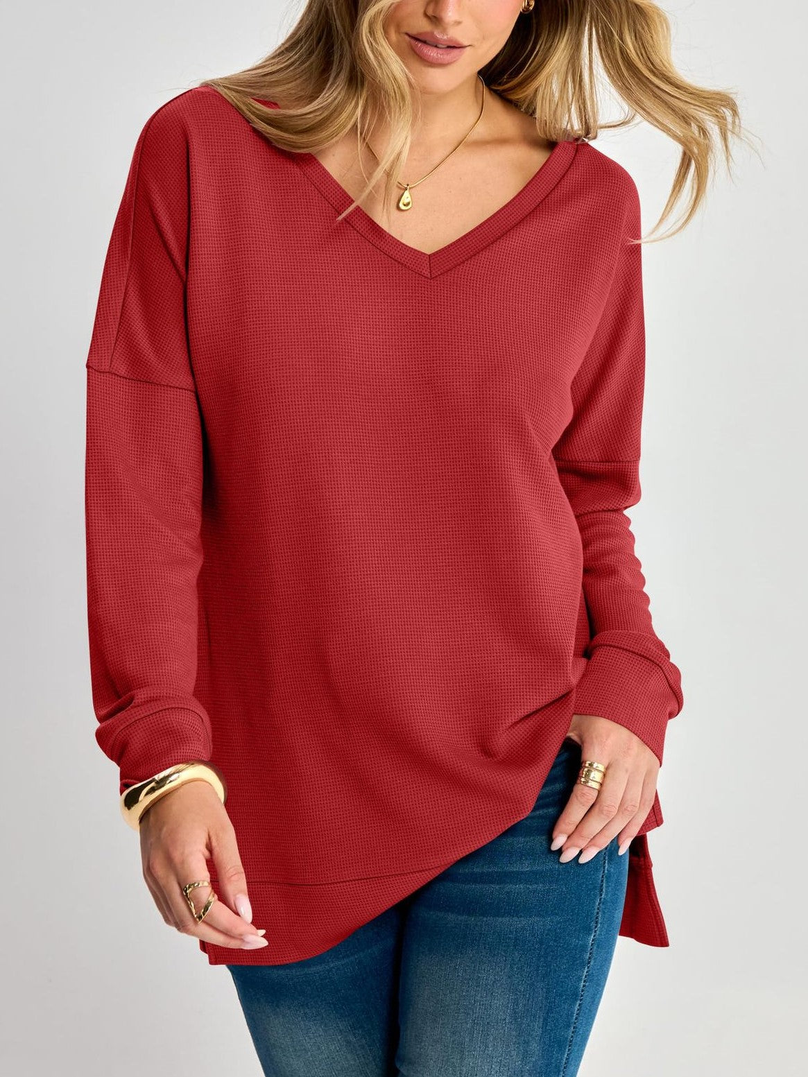 Women's V Neck Waffle Knit Long Sleeve Side Slit Tunic Top