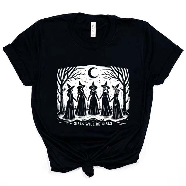 Women’s Cotton Graphic T-Shirt – Casual Short Sleeve Witch Print Tee