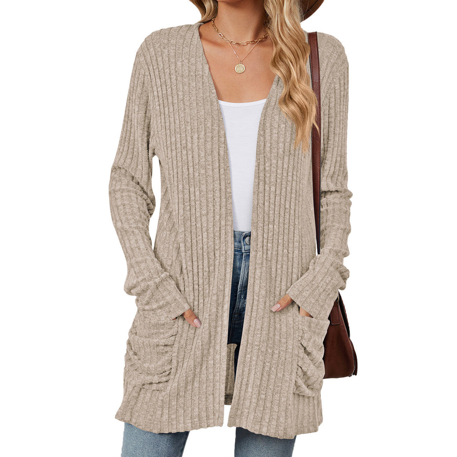 Solid Color Pocket Long-Sleeve Knitted Cardigan