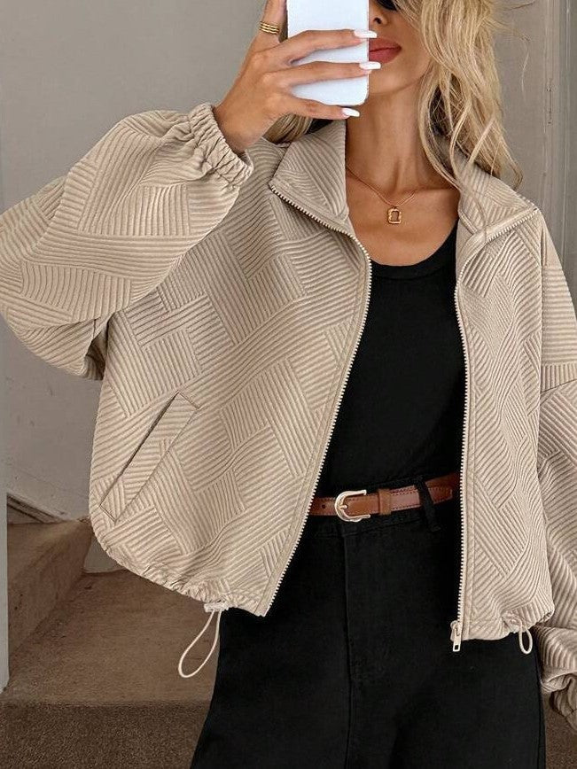 Minimalist Textured Zip Front Drawstring Hem Everyday Jacket