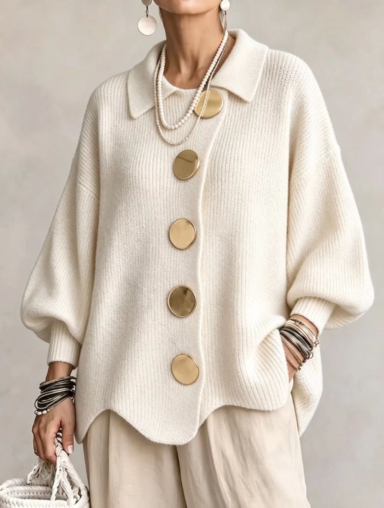 Elevated Gold Button Collared Knit Cardigan