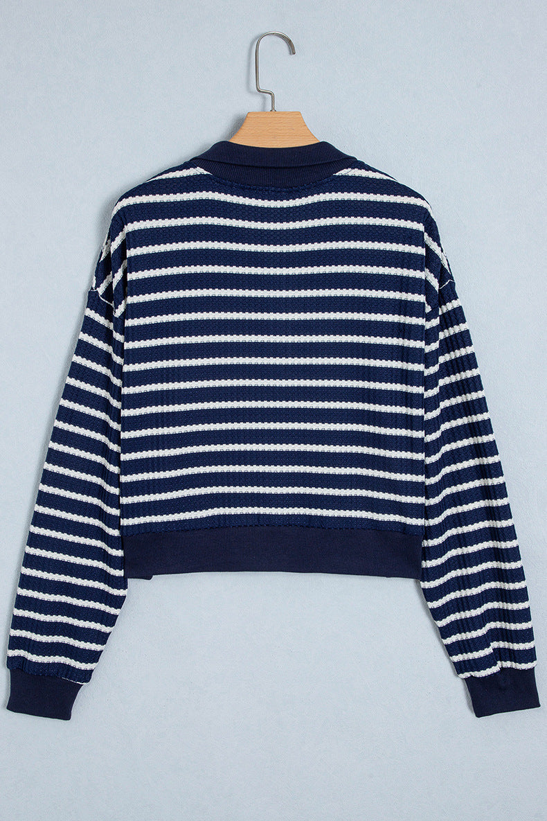 Navy Striped Half Zip Sweatshirt, Textured Long Sleeve Pullover Tops