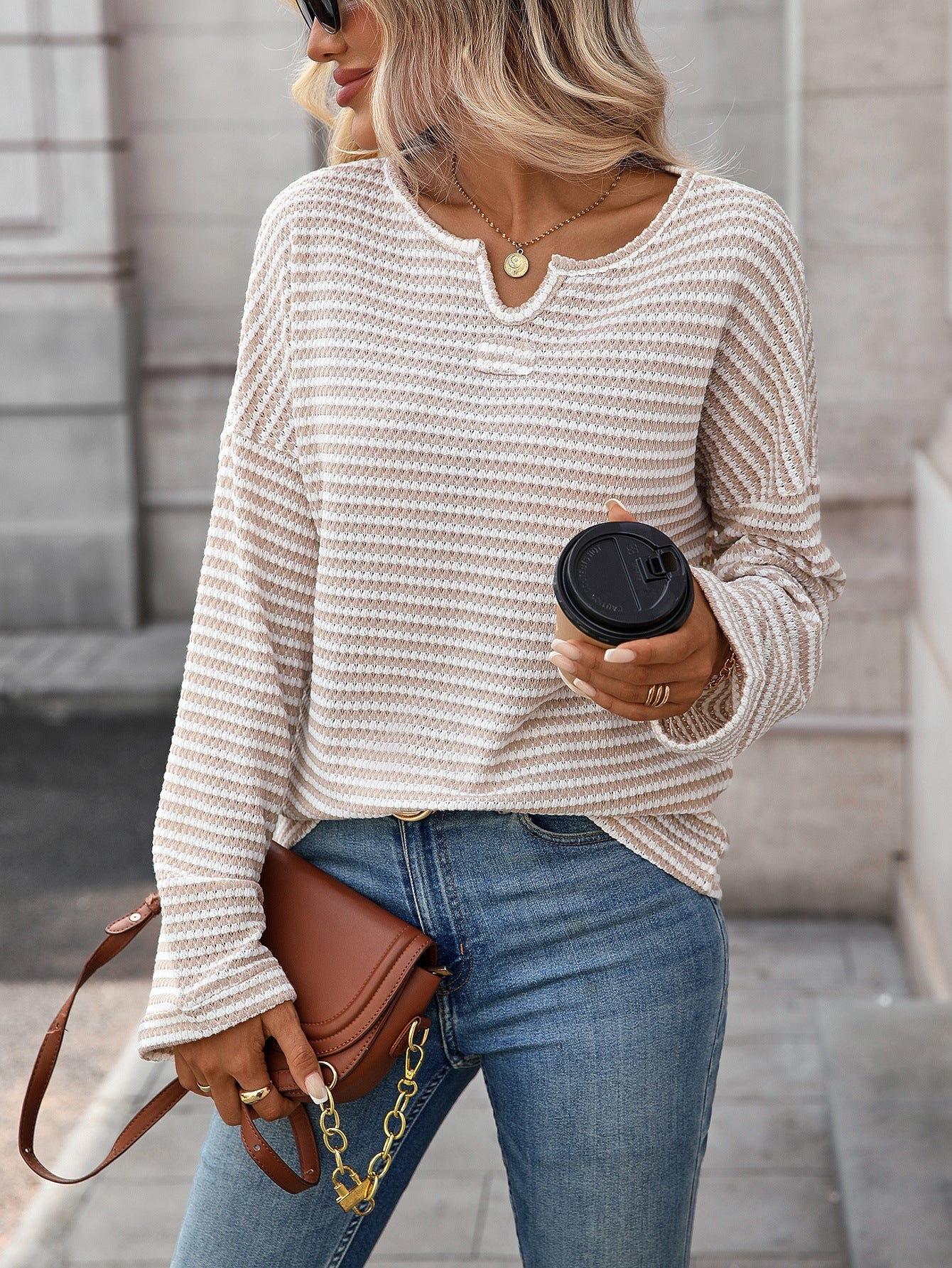 Boutique Textured Stripe Notch Neck Pullover