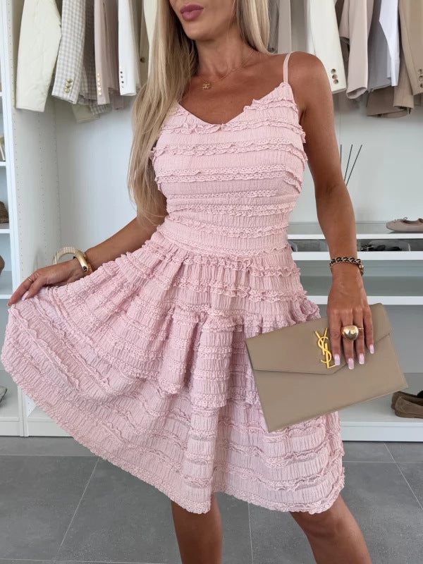 Solid Ruffle Lace Spaghetti Strap Dress