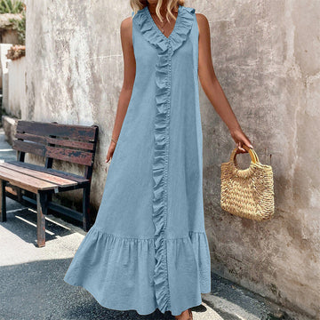 Sleeveless V-Neck Ruffle Long Casual Dress