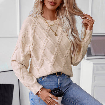 Loose Round Neck Diamond Knit Pullover Sweater