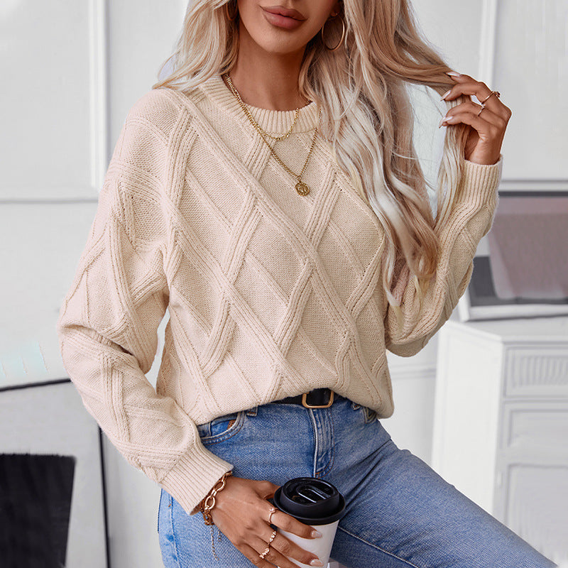 Loose Round Neck Diamond Knit Pullover Sweater