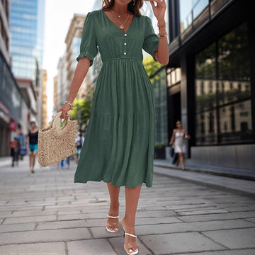 Solid Color V-Neck Waist Dress for Women