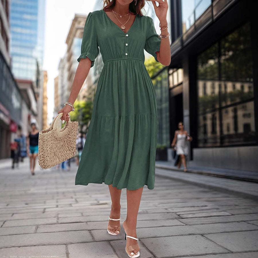 Solid Color V-Neck Waist Dress for Women