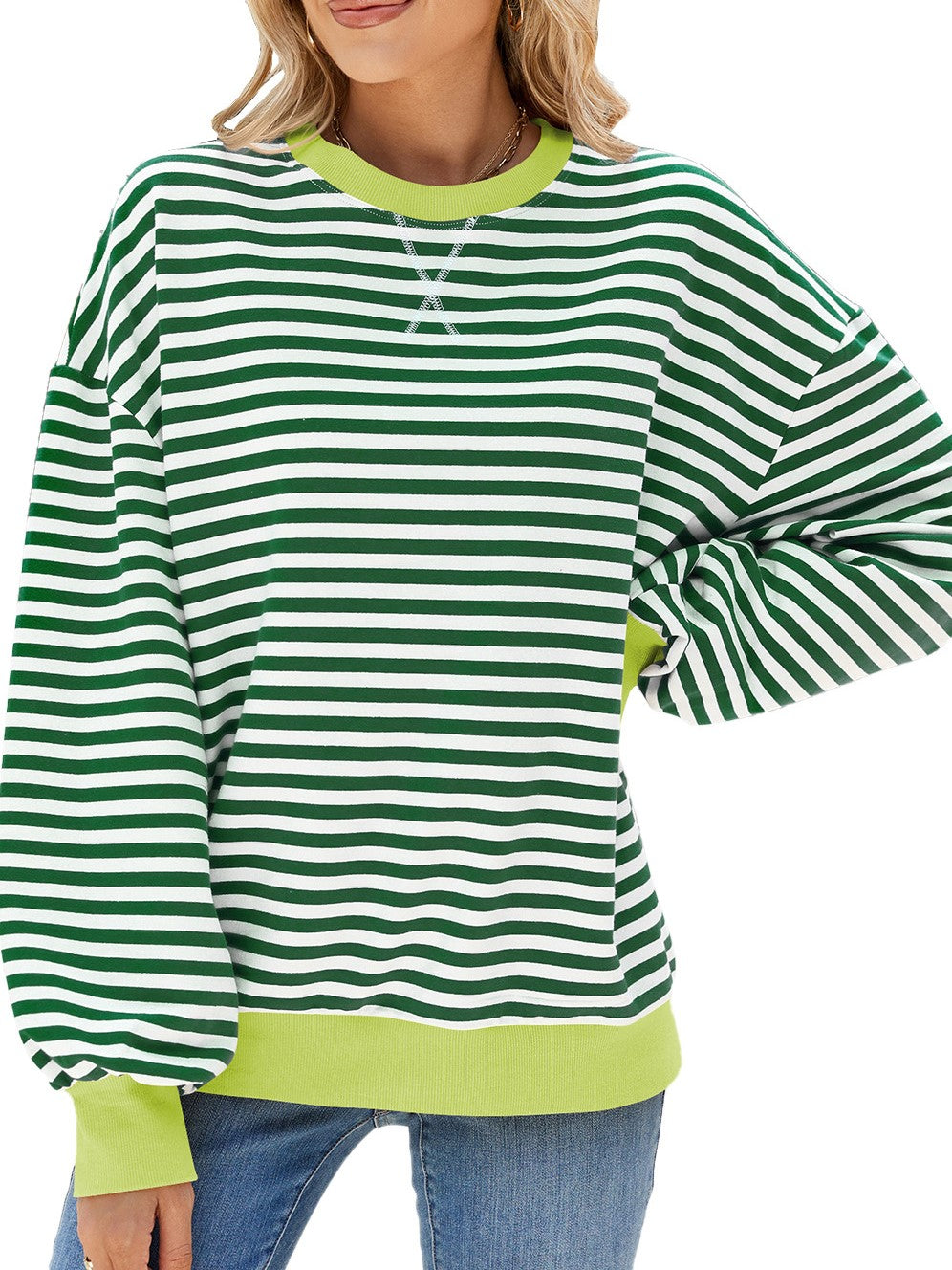 Boutique Striped Crewneck Contrast Trim Top